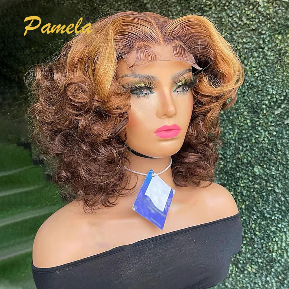 13x4 Ombre Blonde Short Bob Lace Front Human Hair Wigs Brazilian Princess Hair Loose Deep Wave Transparent Lace Frontal Wigs