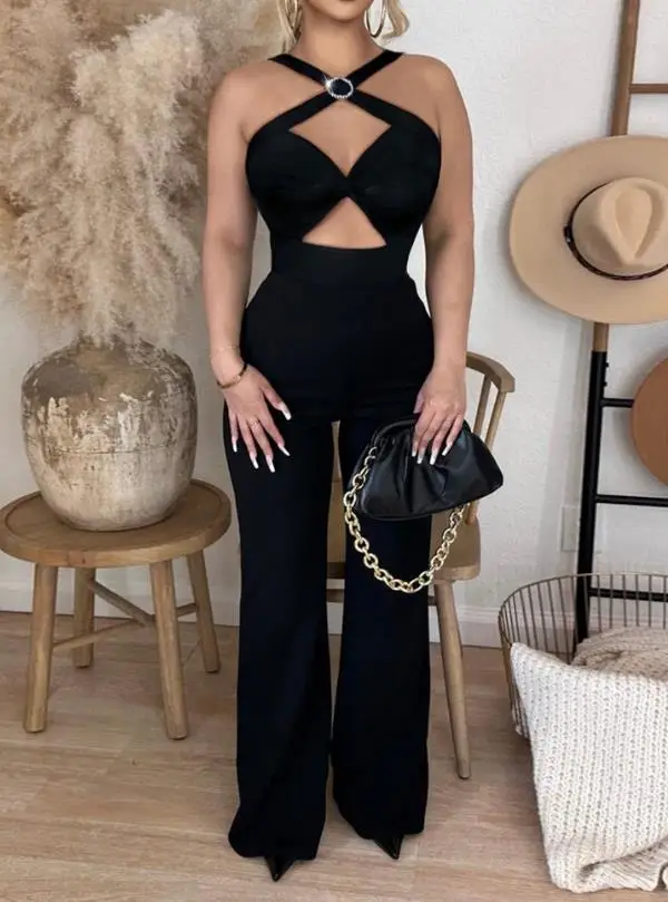 2023 New Women's Asymmetric Collar Sleeveless Tight Fit Hot Spring/summer Cross Cut Twisted Wide Leg Jumpsuit