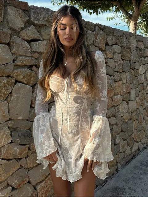 여성용 빈티지 화이트 레이스 미니 원피스