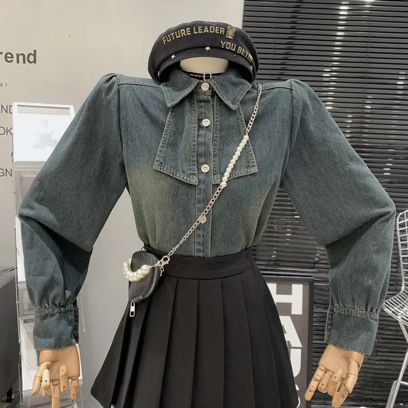 

Bow tie Vintage front shoulder plush single breasted loose and versatile layered denim shirt for women camisas