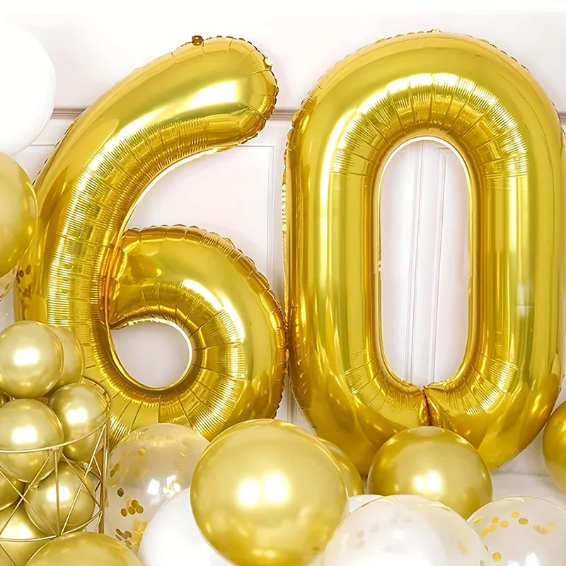 60. Geburtstagsdeko Set – 2 Goldene Folienballons 100 Cm + Banner + Konfetti-Ballons