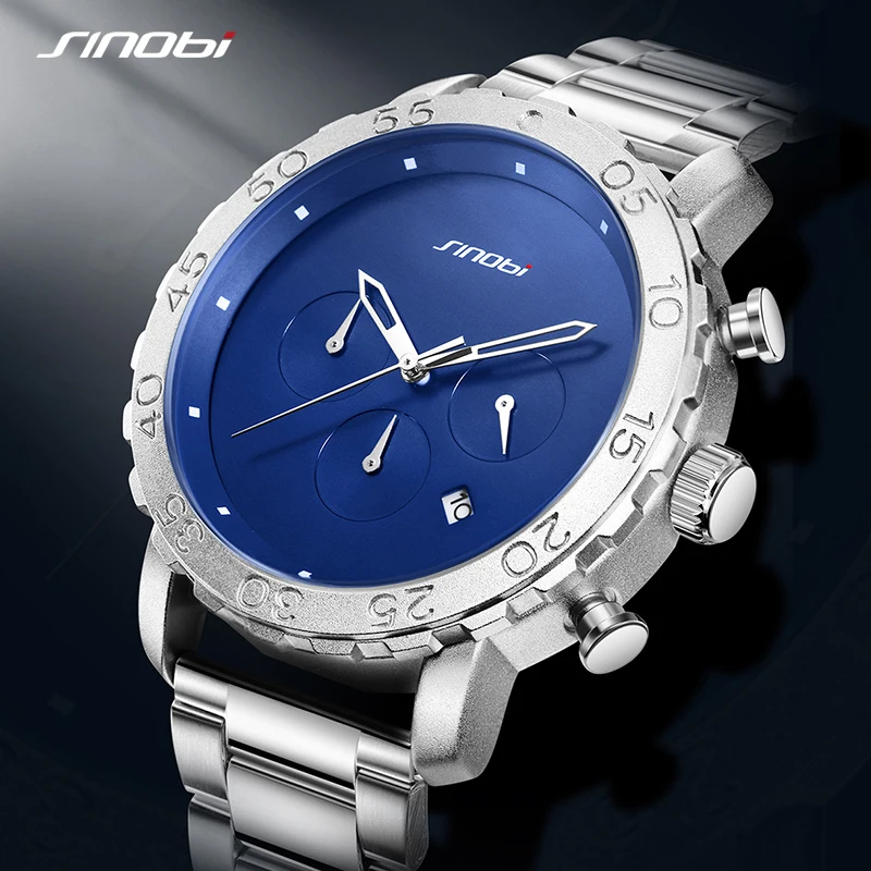 SINOBI Watches for Men Fashion Brand 45MM Big Dial Quartz Watch Mens Stainless Wrist Watch Waterproof Luminous Chronograph Watch