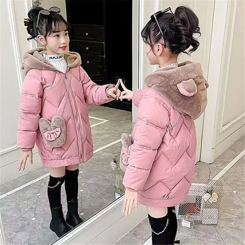 Girls Hooded Down Jackets 4-14 Years 2023 Winter Teen Girls Thick Warm Cotton Outerwear Kids Coat Mid-length Butterfly Jacket