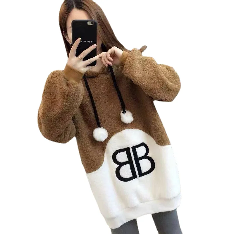 

Женский свитер средней длины, Свободный пуловер с капюшоном и имитацией овечьей шерсти, Осень-зима 2022