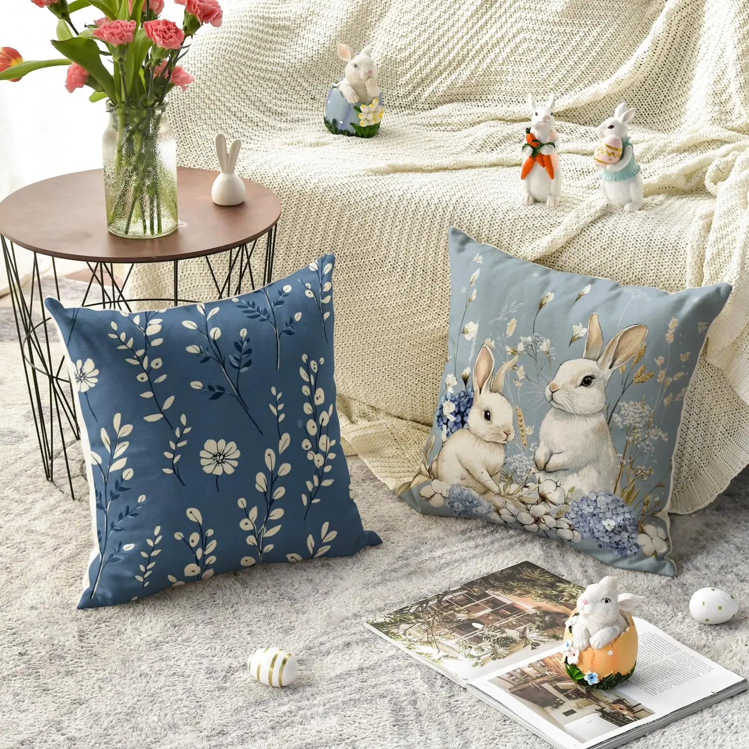Easter Bunny Easter Egg Hydrangea blue pillow case, 18 x 18 inch eucalyptus leaf cotton cushion cover sofa decoration set of 4 3
