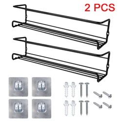 Set of 2 Metal Wall-Mounted Spice Jar Storage Racks - Seasoning Shelf and Kitchen Organizer (Black)