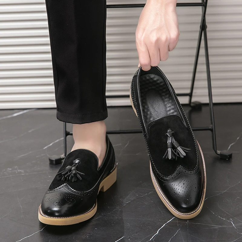 Men Brogues Fashion Tassel Loafers Slip on Designer Wedding Dress Shoes Leather Oxfords Office Business Formal Shoes Big Size 47