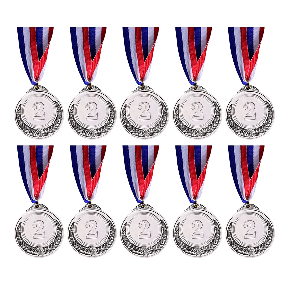 

10Pcs Silver Award Medals Zinc Alloy Winner Medals with Neck Ribbon Gold Silver Bronze Prizes 2 Inch for Classrooms Office Games