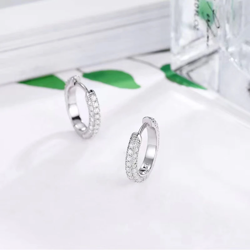 S925 Silver 0.8ct Moissanite Hoop Earrings 3 Rows Iced D Color Moissanite Diamond Huggie Earrings for Women Ins Jewelry Gift