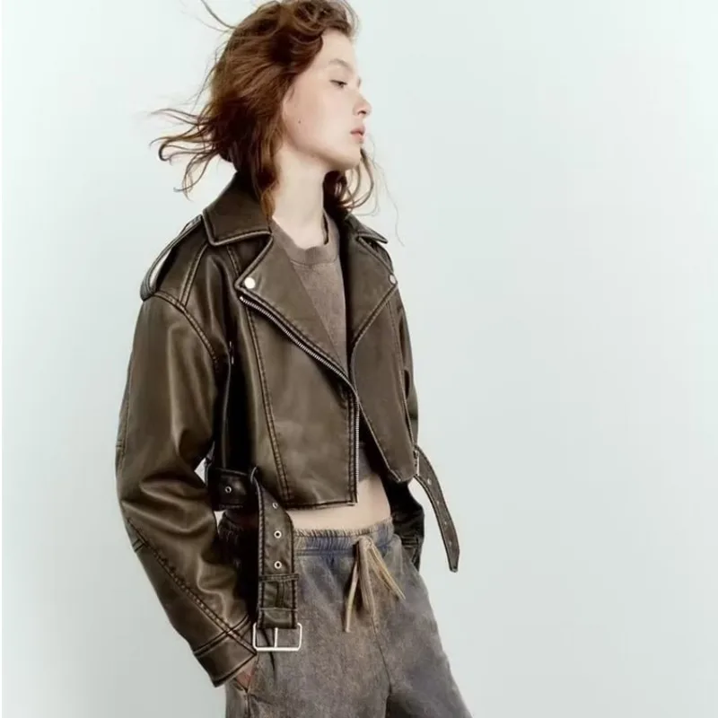 Women's PU Leather Jacket, Vintage Turn Down Collar, Zipper Short Outwear, Female Fashion, Casual Washed Coat, Autumn, New, 2024