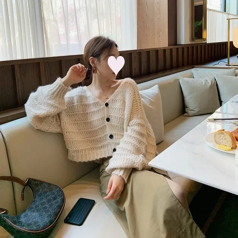 

Вязаный белый кардиган оверсайз с V-образным вырезом, вязаный кардиган, женский свитер, Топ с длинным рукавом, корейские пальто, осенне-зимняя одежда