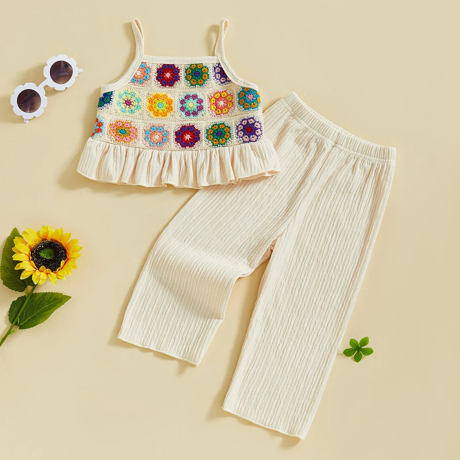 FOCUSNORM 0-4Y Little Kids Girls Clothes Sets Crocheted Flowers/Fruit Embroidery Ruffled Camisole and Elastic Pants