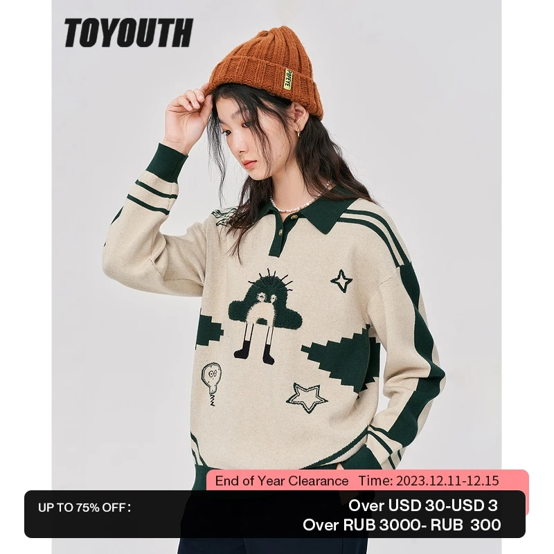 

Toyouth Women Sweaters 2022 Winter Long Sleeves Polo Neck with Buttons Knitted Pullover Graphic Print Vintage Casual Chic Tops