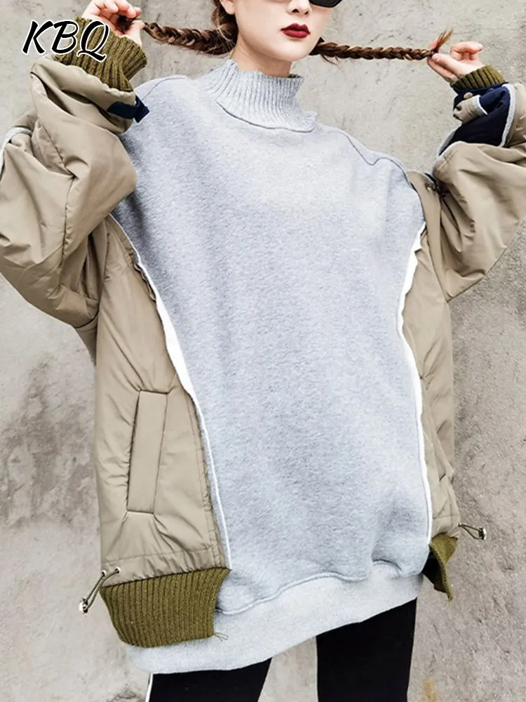 KBQ Hit Color Casual Sweatshirts For Women Turtleneck Long Sleeve Spliced Pockets Loose Streetwear Pullovers Female Fashion New