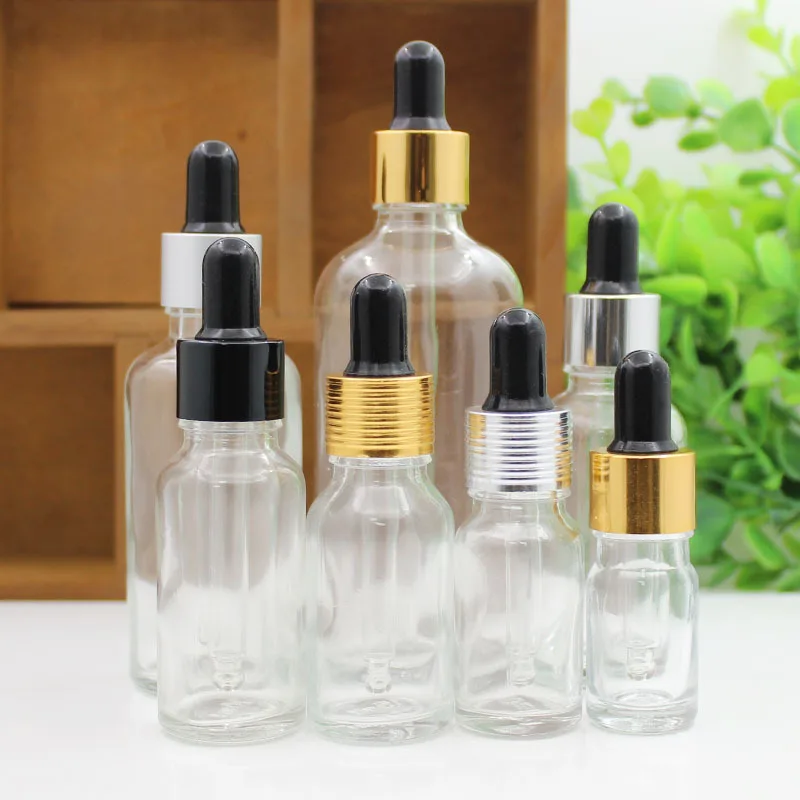 5/10/15/20/30/50/100ml Cosmetic Clear Essential Oil Bottle Black Reusable Rubber Head Dropper Silver Thread Cap Glass Container