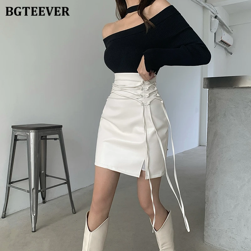 Bgteever Primavera Verão Moda Feminina Rendas-up pu Couro Lápis Saias Cintura Alta Magro Feminino Split Pacote Hip Mini Vestido 2022 14 Computers & Electronics