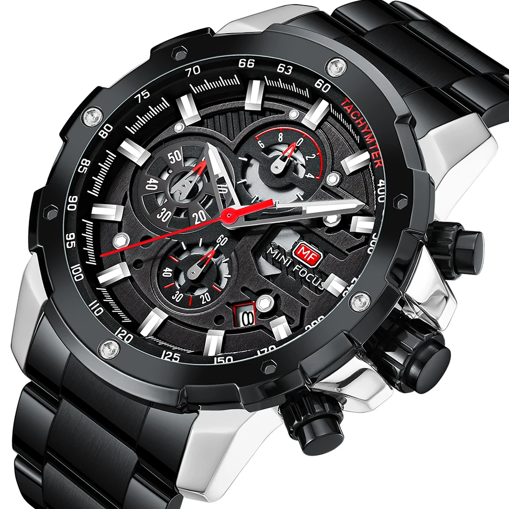MINI FOCUS 스포츠 남성용 쿼츠 손목시계, 밀리터리 다기능 크로노그래프, 탑 브랜드 럭셔리 스틸 스트랩, 0401G  Best5