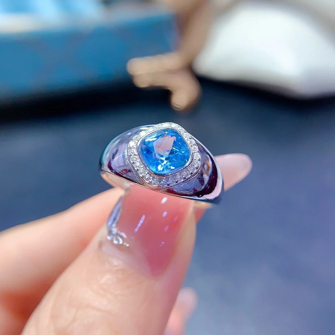 

MeiBaPJ 6mm Light Blue Topaz Fashion Ring for Men Real 925 Sterling Silver Fine Party Jewelry