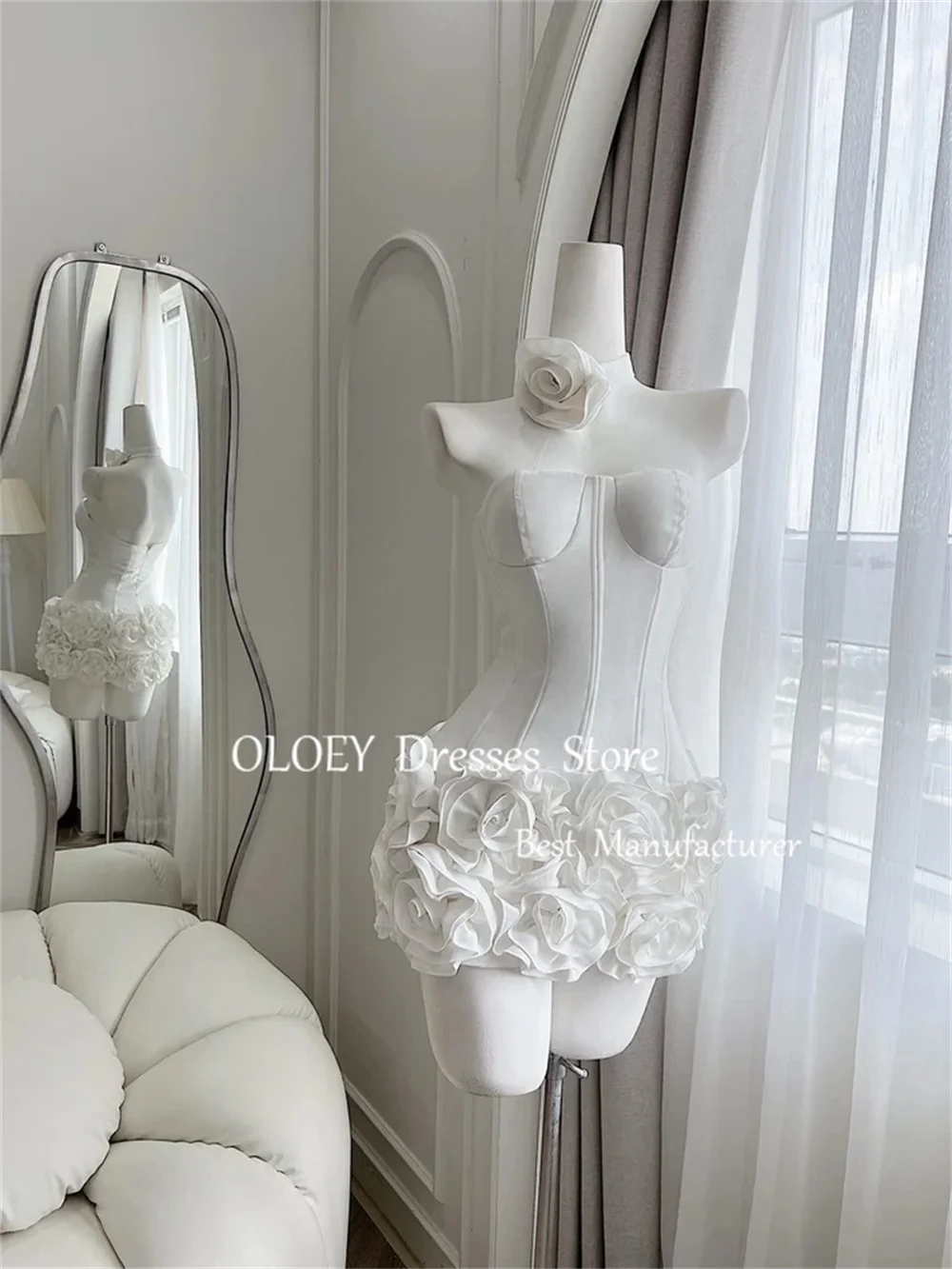 OLOEY Flowers Mini Prom Cocktail Dress with Scarf Sweetheart Short Wedding Party Dress Sleeveless Pleats Satin