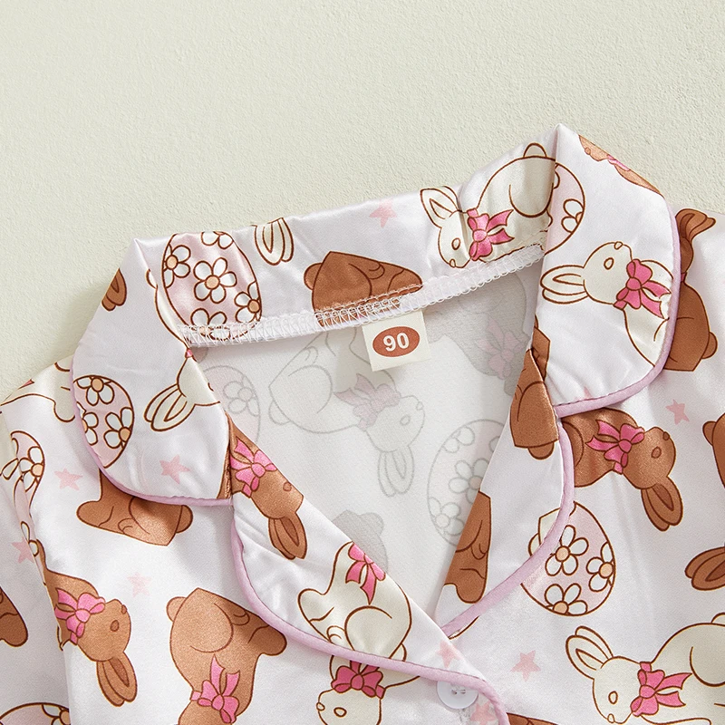 Toddler Girl Easter Satin Pajama Set with Bunny and Carrot Print Long Sleeve Button-up Tops and Pants Sleepwear Outfit 2 Piece