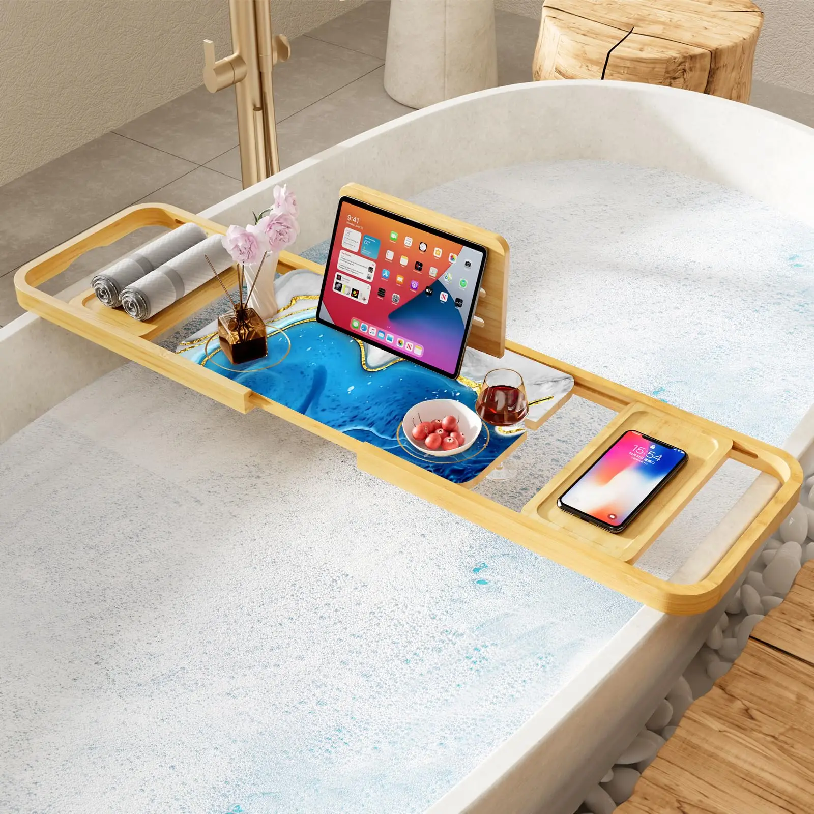 Premium Bathtub Tray Caddy-Expandable Bath Caddy Tray-Adjustable Bamboo Bath Tub Table Unique House Warming Gifts Ne