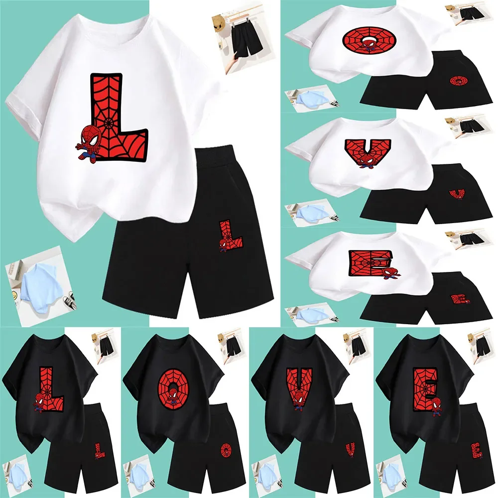مجموعة ملابس أطفال تي شيرت للأطفال ، مجموعة رياضية للأولاد ، علامة تجارية للرجل العنكبوت ، توب قطني وسراويل ، من عمر 1 إلى 16 سنة