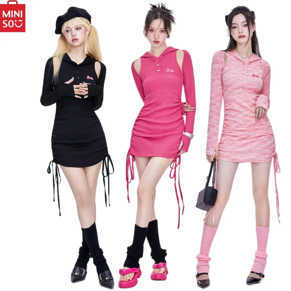 

Miniso Barbie Anime Kawaii Girls' Two Piece Set Co Branding Drawstring Hooded Long Sleeved Lovely Camisole Knitting Dress Gift