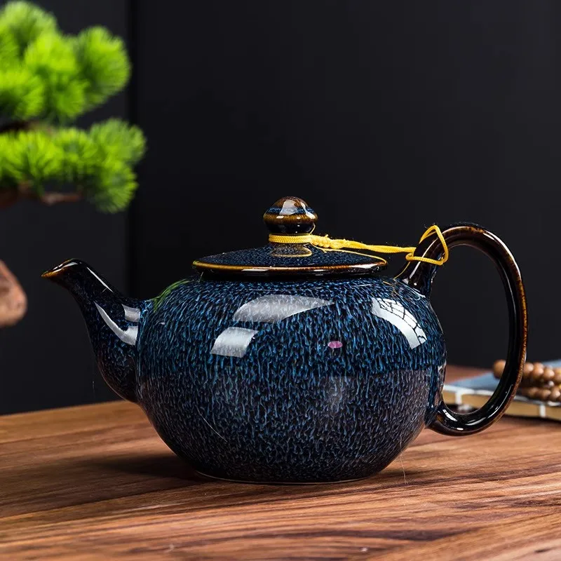 750ML Tianmu Glazed Kiln Transformed Into A Lifting Beam Pot Large Capacity Ceramic Teapot Household Kung Fu Tea Set