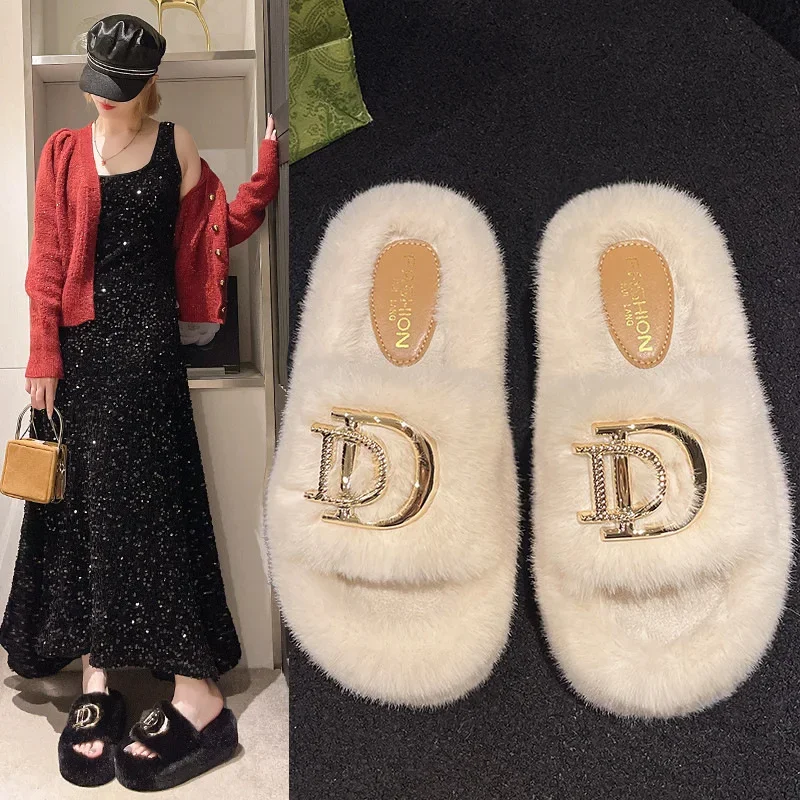Fashionable Women's Plush Slippers With Thick Bottom For Autumn/Winter 2024 New Arrival Outer Wear Warm Home Use Rubber Sole