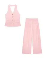 HH Women 2 Piece Set Halter Neck Single-Breasted Pocket Sleeveless Halter Vest Tops+High Waist Zipper Pockets Wide Leg Pant - Image 2