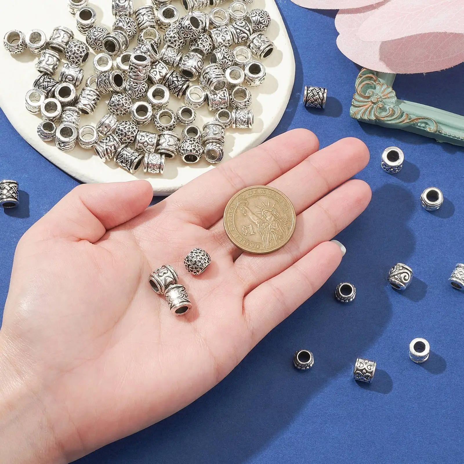 Pandahall 100Pcs 10 Styles Antique Silver European Large Hole Beads Tibetan Totem Spacer Beads for Bracelets Jewelry Making DIY