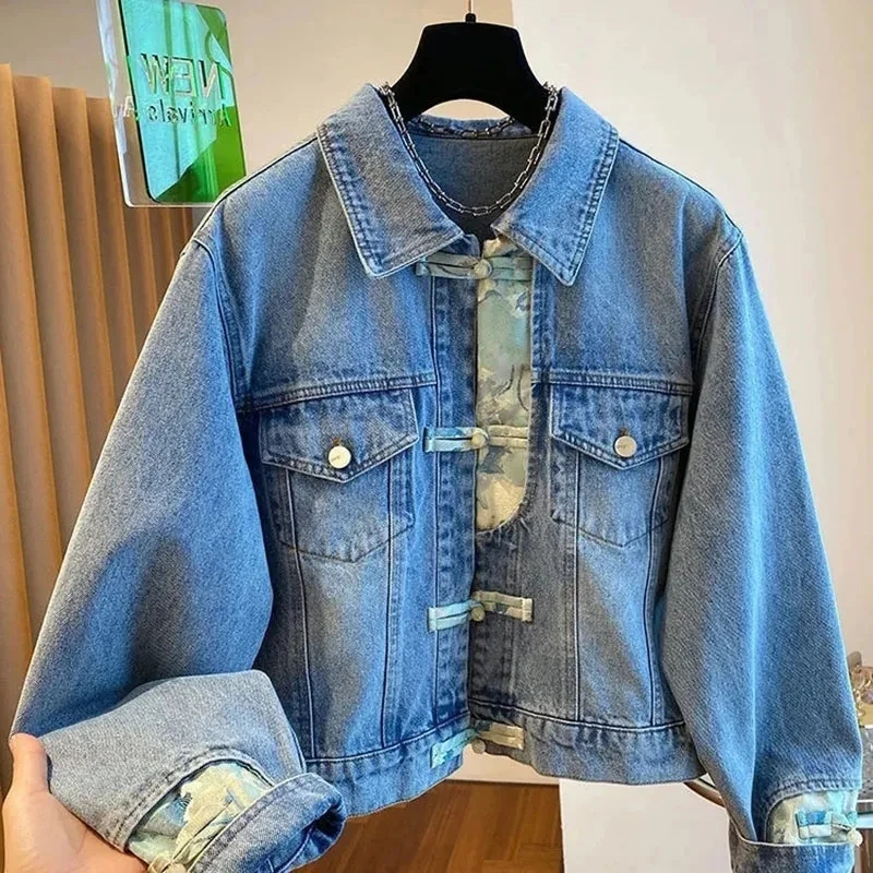 

Spring Autumn New Stitching Retro Denim Jacket Women short Long Sleeve Buckle Jeans Coat Female Casual Cowboy Overcoat Ladies