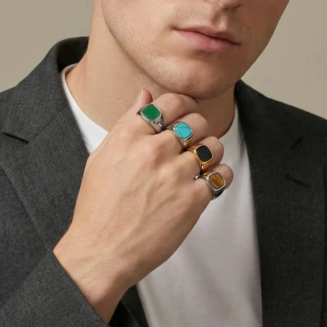 91204-c17456.jpg Bague élégante en pierre naturelle carrée pour homme, bague signet en acier inoxydable étanche, cadeau d'anniversaire pour lui, papa