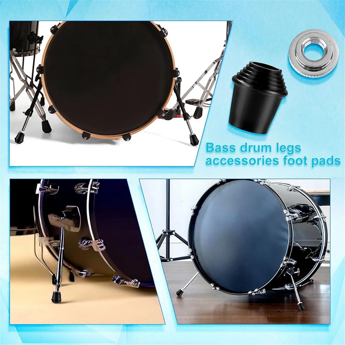 A04R-2 Packs Bass Drum Spur Feet, Bass Drum Legs Threaded Rubber Foot with Lock Nuts for