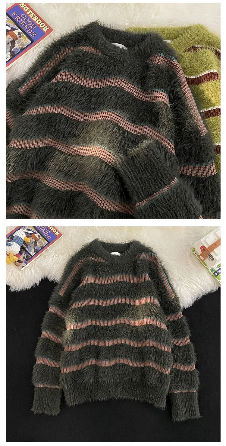 Description Picture 5 of item2024 Autumn Winter Men Fashion Warm Sweater Loose Tops Male Long Sleeve Striped Jumpers Mens Round Neck Knit Oversized Top S275