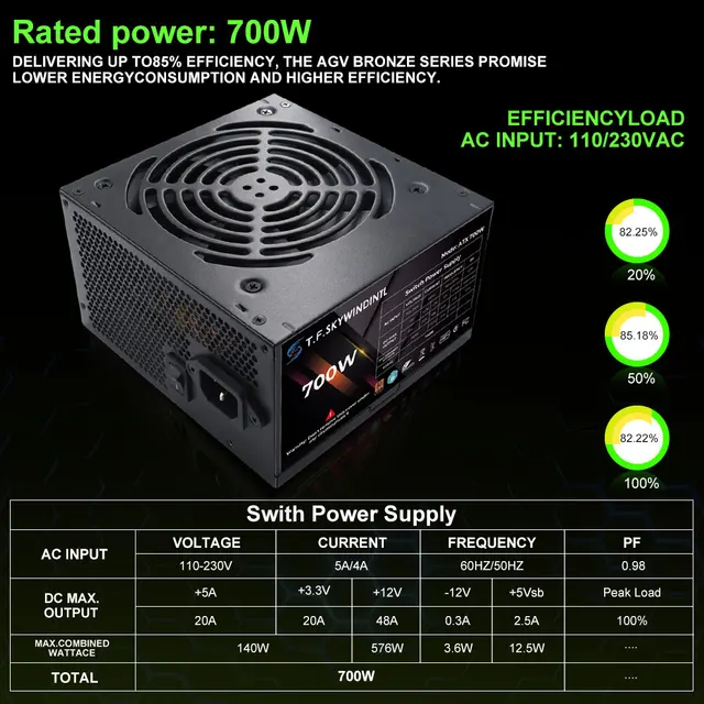 T.F.SKYWINDINTL 700W 80 Plus ATX Computer Power Supply 90-264V PC Source For Gaming Case Desktop 3