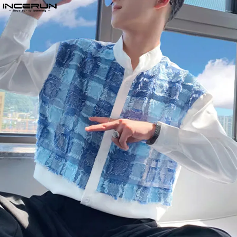 

Топы INCERUN 2024, Мужская жаккардовая рубашка в Корейском стиле с бахромой и пэчворком, повседневная простая блузка с длинным рукавом и стоячим воротником, женская