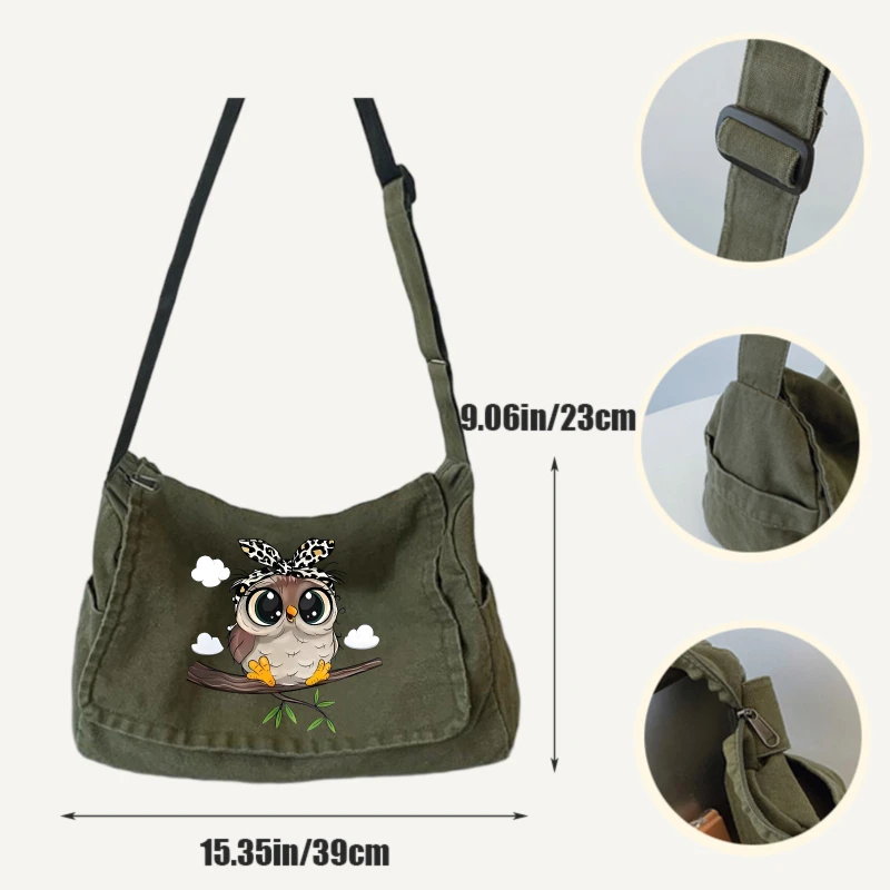 Playful Owl Print Women's Canvas Shoulder Bag Multiple Pockets Tote Crossbody Bag For Women Messenger Bag Commuting