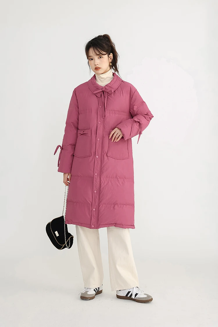 Rose Red White Duck down Jacket Women's Winter Mid-Length Thickened Coat