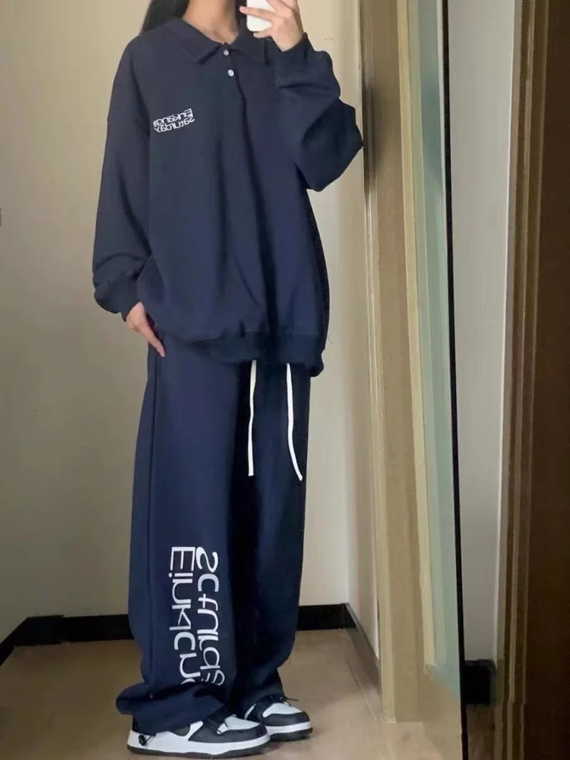 Vintage Letter Printing Blue Sweatpants Women Wide Leg Pants Y2k Streetwear Casual Joggers Korean Fashion Loose Trousers