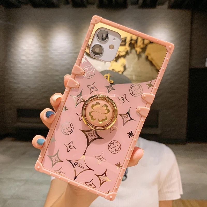 Luxury Square Cute Clover Pink Case For iPhone 12 11 Pro Max Soft Silicone Mirror Phone Cover For iPhone X XS Max XR 6S 7 8 Plus (10)