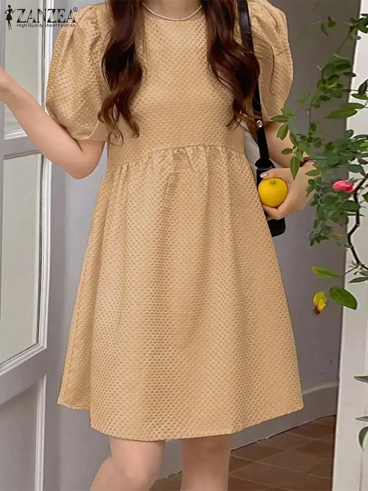 

2023 ZANZEA Summer Fashion Puff Sleeve Dress Women Elegant Loose Sundress Casual O Neck Midi Dresses Oversize Holiday Vestidos