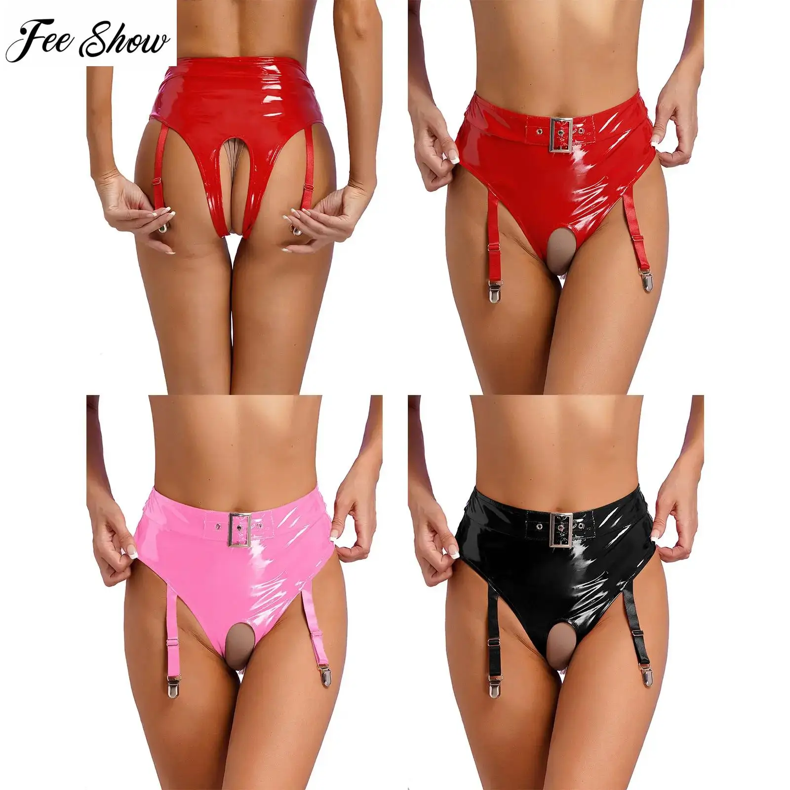 

Женское нижнее белье из лакированной кожи с вырезом и открытой промежностью