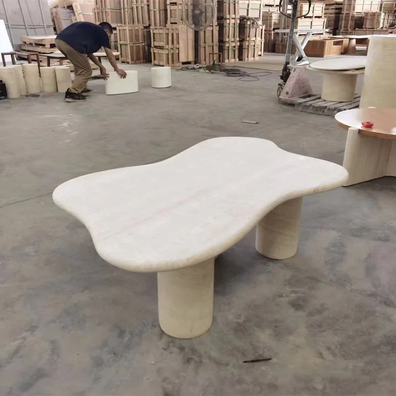 Italian Natural Travertine Columns Base Flower Shape Table Top Modern Nordic Living Room Marble Coffee Table