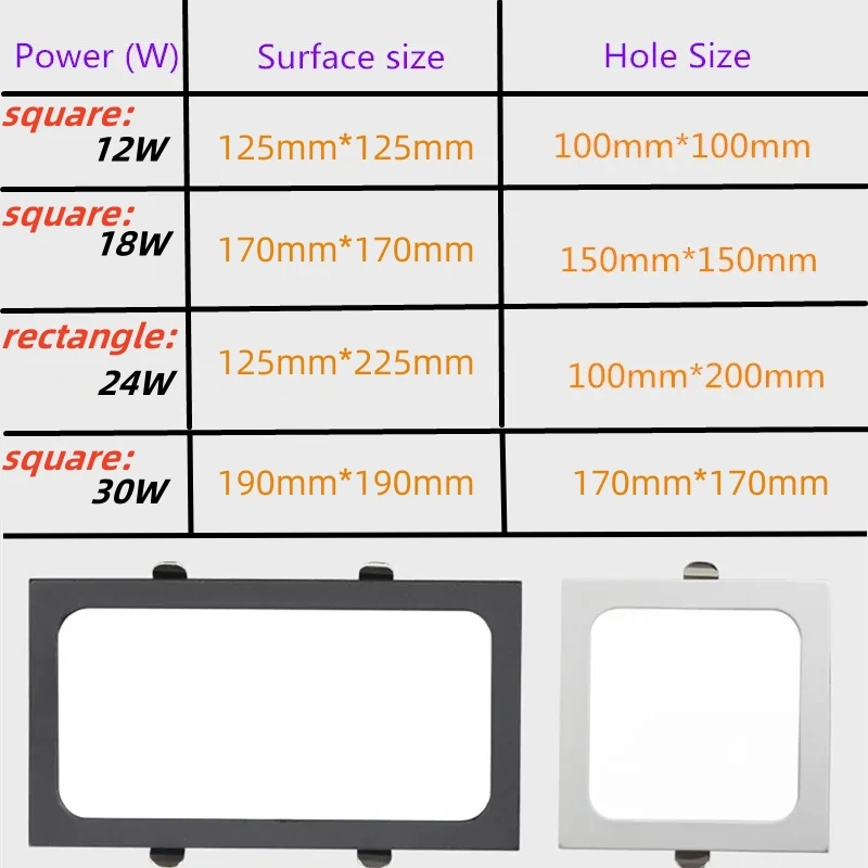 Embedded LED downlight 12W 18W 24w square LED spotlight ceiling light AC185V-260V 1 panel