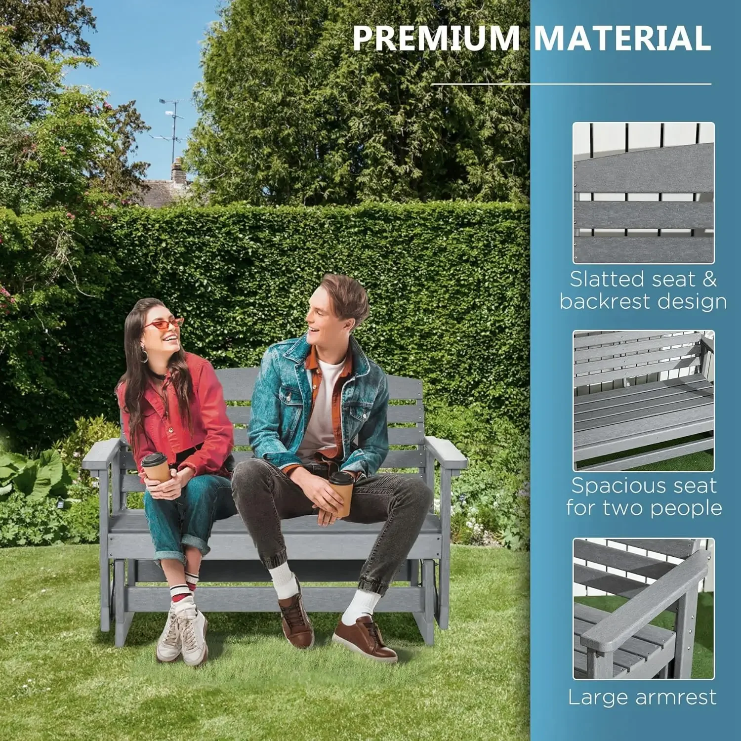 NEW-2Person Outdoor Glider Bench Patio Double Swing Rocking Chair Loveseat w/Slatted HDPE Frame for Backyard Garden Porch,Light