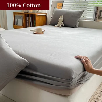 100% Cotton Fitted Bed Sheet With 360 Elastic Band Bedsheet Bedspread for Single Double King Queen Size Mattress Protector Cover 1
