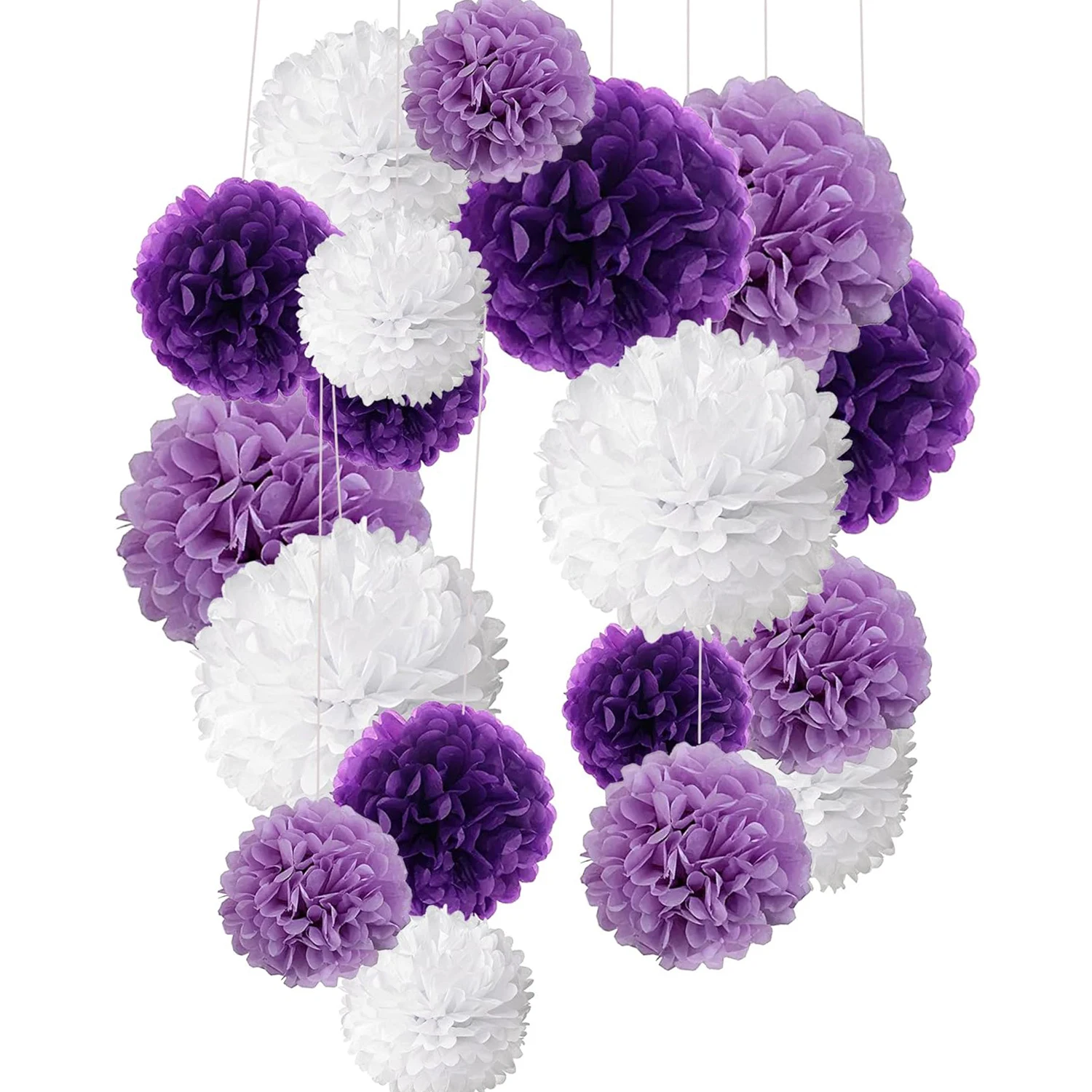 9pcs Paper Pom Poms Birthday Party Decorations Purple and White