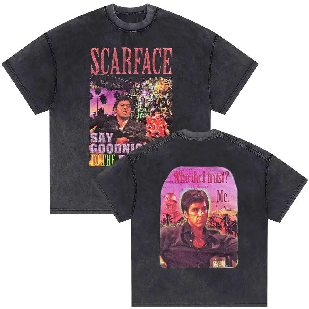 

Washed Vintage Al Pacino As Tony Montana Movie Scarface Say Good Night To The Bad Guy Tshirt Men Women Casual Oversized T Shirt