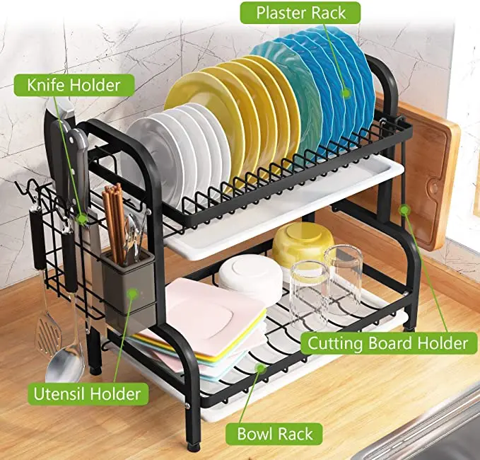 2-Tier Dish Rack with Cup Utensil Holder Cutting Board Knife